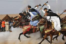 Image du Maroc Professionnelle de  Course typiquement marocaine dite ''la Fantasia'' organisé dans un site désertique sur lequel la ville de Tan Tan a toujours accueilli la majorité des tribus et des grandes familles nomades du désert lors d'un grand Moussem, Samedi 7 Septembre 2013. Le festival parrainé par l'UNESCO rassemble des milliers de nomades du Maroc. (Photo / Abdeljalil Bounhar) 